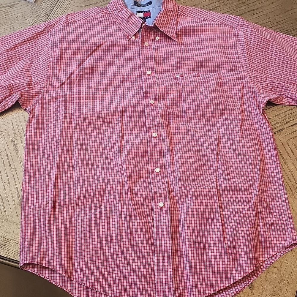 Tommy Hilfiger Red and White Check Short-Sleeve Button-Down Shirt XL